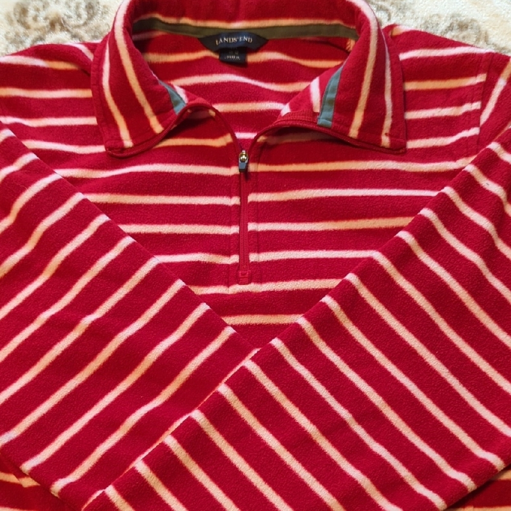 Lands' End Red and White Striped Fleece Pullover with Collar - Picture 5 of 5